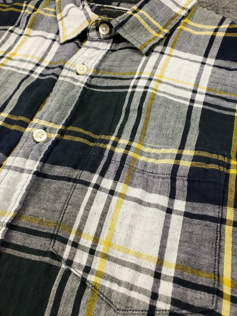 Banana Republic Untucked Slim Fit Shirt Large Double Faced Flip Up Yellow Plaid